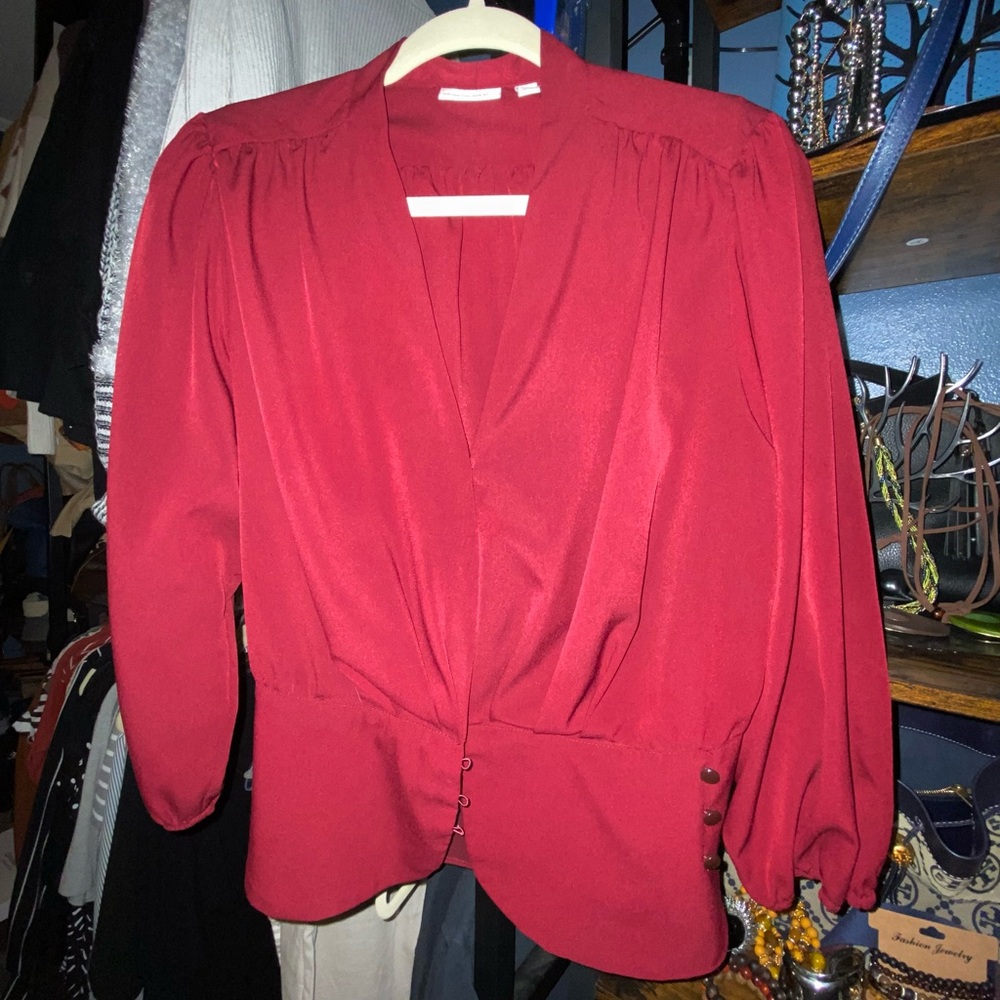 Eva Mendes Wine Red Wrap Blouse with Button Details
